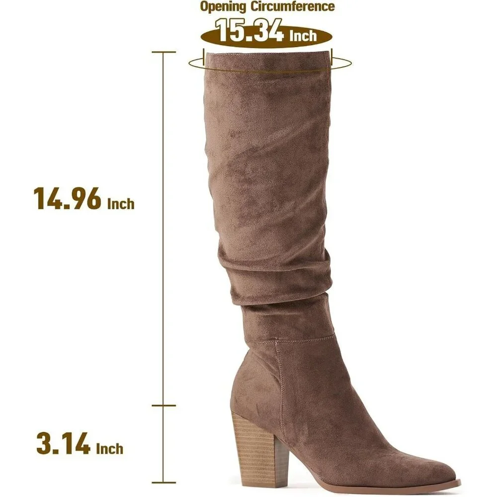 Women's Khaki Pointed Toe Faux Suede Slouch Chunky Heel Knee High Boots